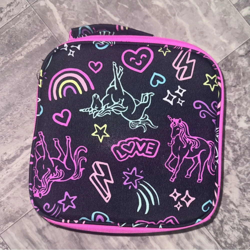 The Children’s Place Girls Lunch Bag Black Pink Neon Unicorn Doodle Print